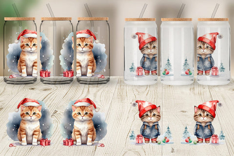 Glass Can Watercolor Christmas Cat Sublimation artnoy 