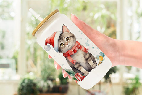 Glass Can Watercolor Christmas Cat Sublimation artnoy 