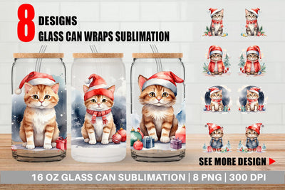 Glass Can Watercolor Christmas Cat Sublimation artnoy 