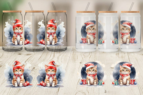 Glass Can Watercolor Christmas Cat Sublimation artnoy 
