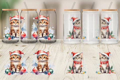Glass Can Watercolor Christmas Cat Sublimation artnoy 