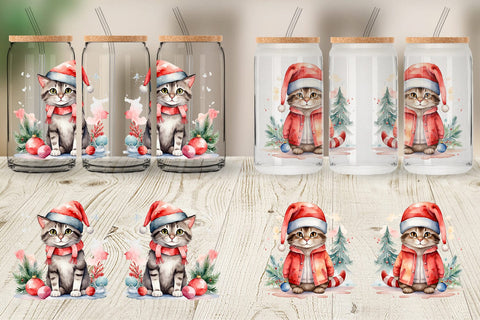 Glass Can Watercolor Christmas Cat Sublimation artnoy 