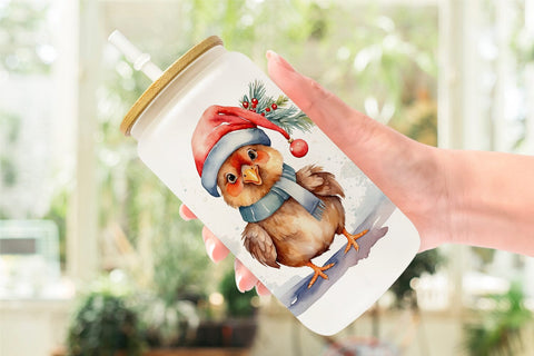 Glass Can Watercolor Christmas Chiken Sublimation artnoy 