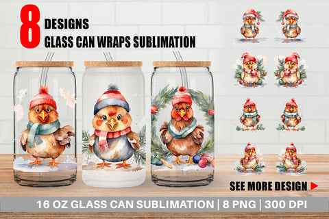 Glass Can Watercolor Christmas Chiken Sublimation artnoy 