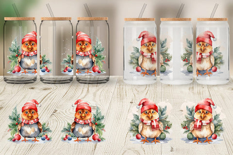 Glass Can Watercolor Christmas Chiken Sublimation artnoy 