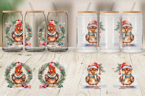 Glass Can Watercolor Christmas Chiken Sublimation artnoy 
