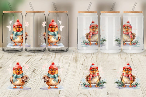 Glass Can Watercolor Christmas Chiken Sublimation artnoy 