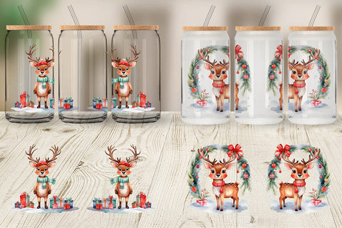Glass Can Watercolor Christmas Deer Sublimation artnoy 