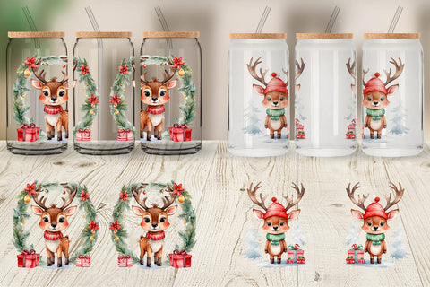 Glass Can Watercolor Christmas Deer Sublimation artnoy 