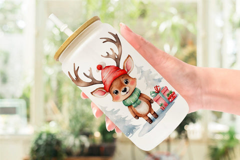 Glass Can Watercolor Christmas Deer Sublimation artnoy 