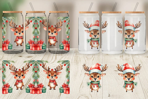 Glass Can Watercolor Christmas Deer Sublimation artnoy 