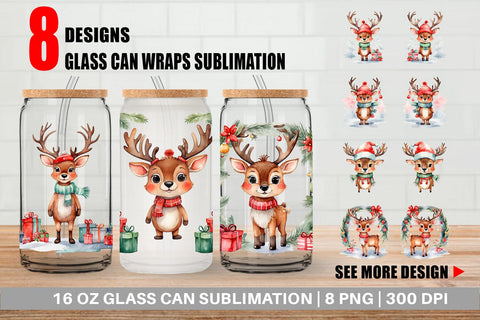 Glass Can Watercolor Christmas Deer Sublimation artnoy 