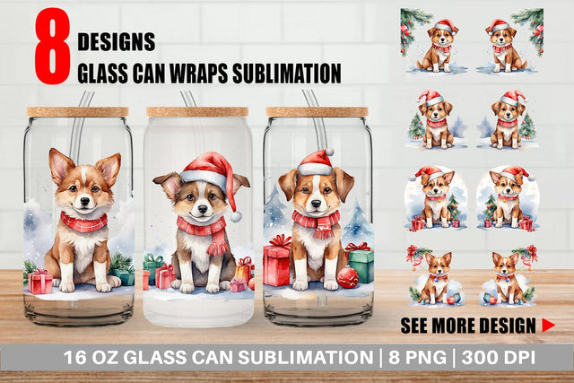 Glass Can Watercolor Christmas Dog Sublimation artnoy 