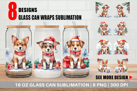 Glass Can Watercolor Christmas Dog Sublimation artnoy 