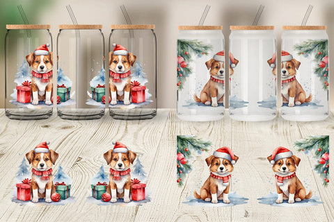 Glass Can Watercolor Christmas Dog Sublimation artnoy 
