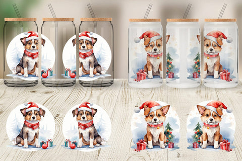 Glass Can Watercolor Christmas Dog Sublimation artnoy 