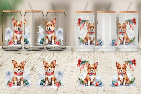 Glass Can Watercolor Christmas Dog Sublimation artnoy 