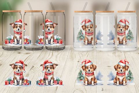 Glass Can Watercolor Christmas Dog Sublimation artnoy 