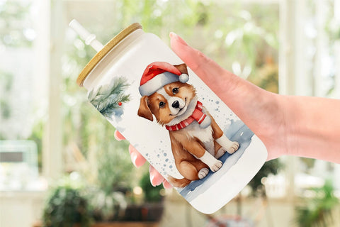 Glass Can Watercolor Christmas Dog Sublimation artnoy 
