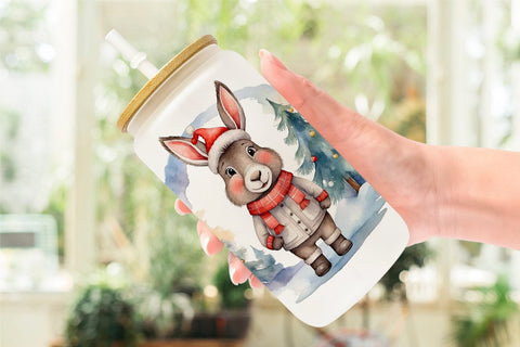 Glass Can Watercolor Christmas donkey Sublimation artnoy 