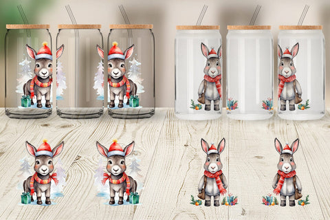 Glass Can Watercolor Christmas donkey Sublimation artnoy 