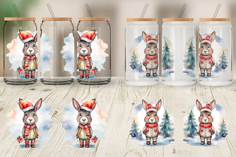 Glass Can Watercolor Christmas donkey Sublimation artnoy 