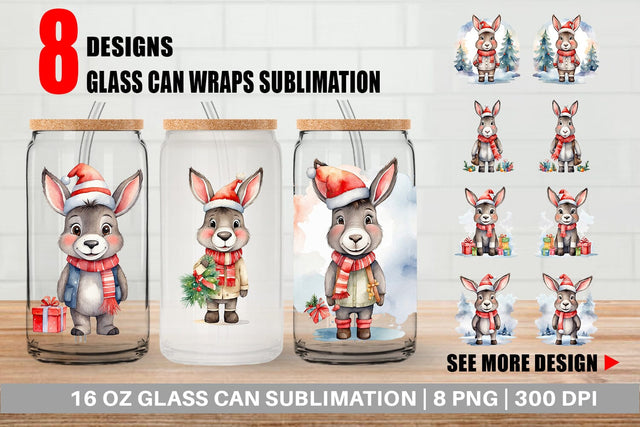 Glass Can Watercolor Christmas donkey Sublimation artnoy 