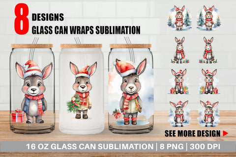 Glass Can Watercolor Christmas donkey Sublimation artnoy 