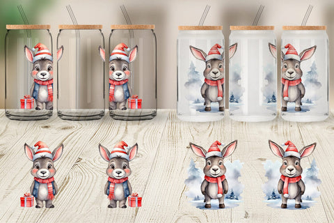 Glass Can Watercolor Christmas donkey Sublimation artnoy 