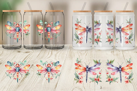 Glass Can Watercolor Christmas Dragonfly Sublimation artnoy 