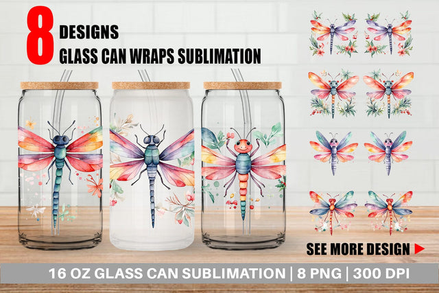 Glass Can Watercolor Christmas Dragonfly Sublimation artnoy 