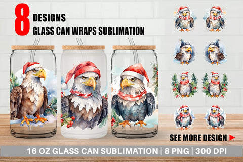 Glass Can Watercolor Christmas Eagle Sublimation artnoy 
