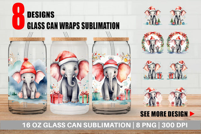 Glass Can Watercolor Christmas Elephant Sublimation artnoy 