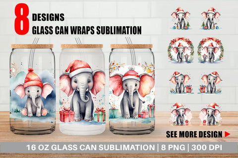 Glass Can Watercolor Christmas Elephant Sublimation artnoy 