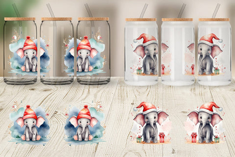 Glass Can Watercolor Christmas Elephant Sublimation artnoy 