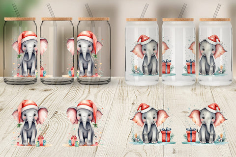 Glass Can Watercolor Christmas Elephant Sublimation artnoy 