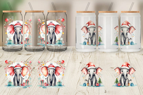 Glass Can Watercolor Christmas Elephant Sublimation artnoy 