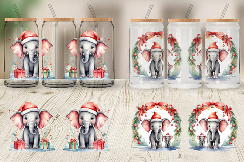 Glass Can Watercolor Christmas Elephant Sublimation artnoy 