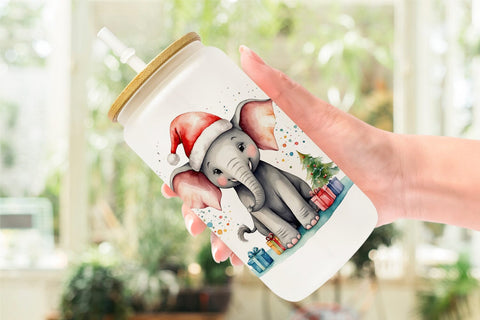 Glass Can Watercolor Christmas Elephant Sublimation artnoy 