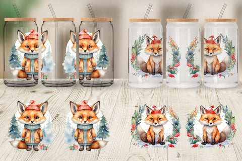 Glass Can Watercolor Christmas Fox Sublimation artnoy 