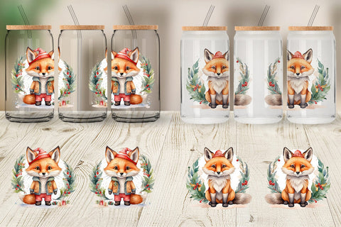 Glass Can Watercolor Christmas Fox Sublimation artnoy 