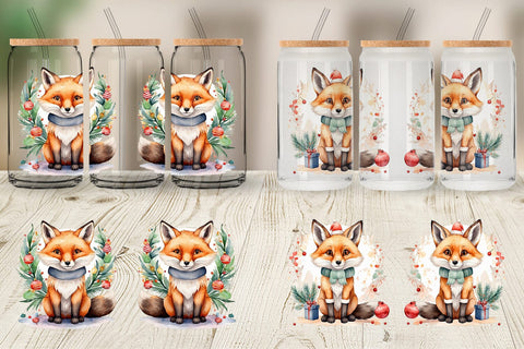 Glass Can Watercolor Christmas Fox Sublimation artnoy 