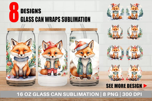 Glass Can Watercolor Christmas Fox Sublimation artnoy 
