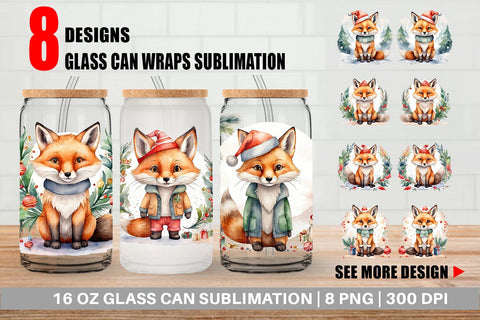 Glass Can Watercolor Christmas Fox Sublimation artnoy 