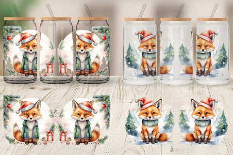 Glass Can Watercolor Christmas Fox Sublimation artnoy 