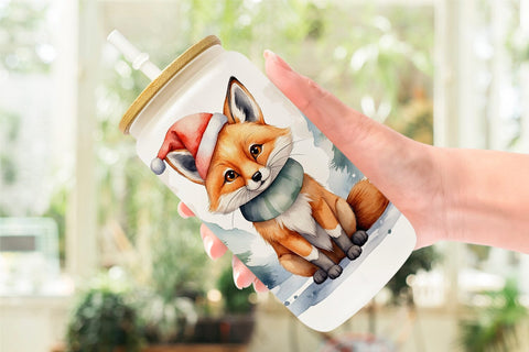 Glass Can Watercolor Christmas Fox Sublimation artnoy 