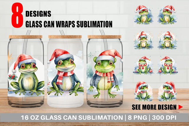 Glass Can Watercolor Christmas Frog Sublimation artnoy 