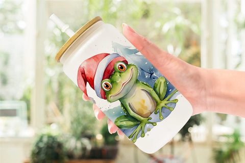 Glass Can Watercolor Christmas Frog Sublimation artnoy 