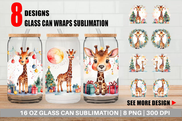 Glass Can Watercolor Christmas Giraffe Sublimation artnoy 