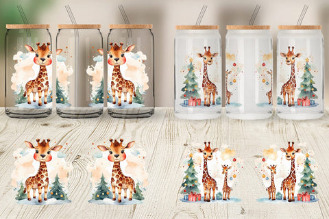 Glass Can Watercolor Christmas Giraffe Sublimation artnoy 
